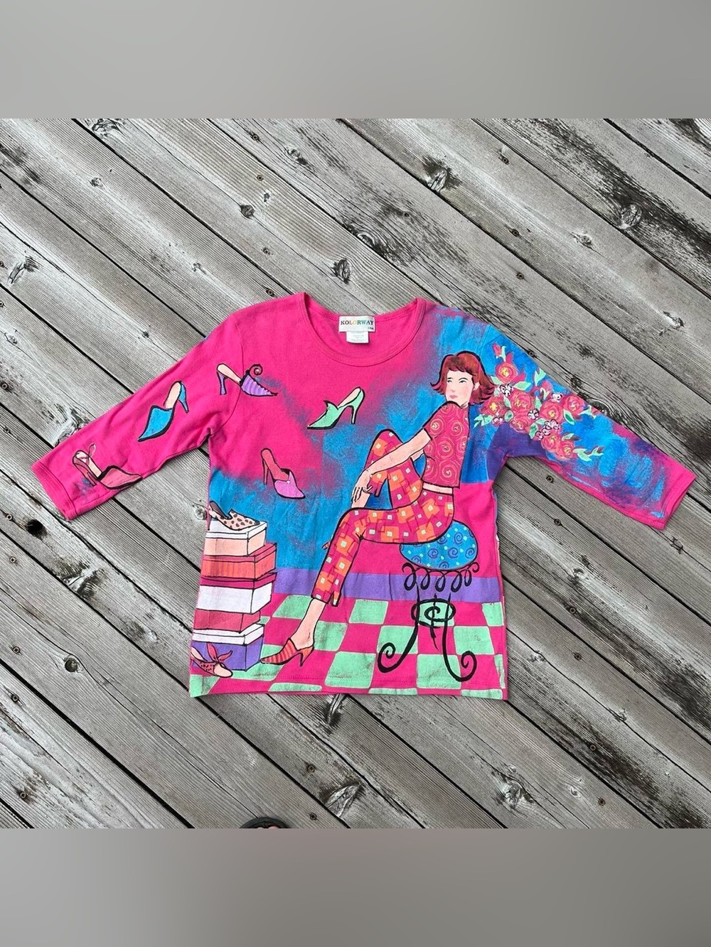 Kolorway vintage hand painted ‘shoe lady’ 3/4 sleeve blouse